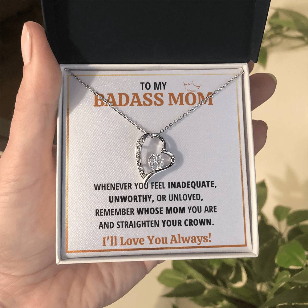 To My Badass Mom Crown Heart Necklace Gift Set Forever Love Necklace