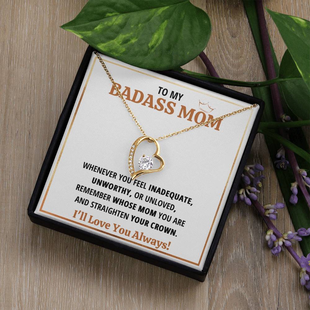 To My Badass Mom Crown Heart Necklace Gift Set Forever Love Necklace