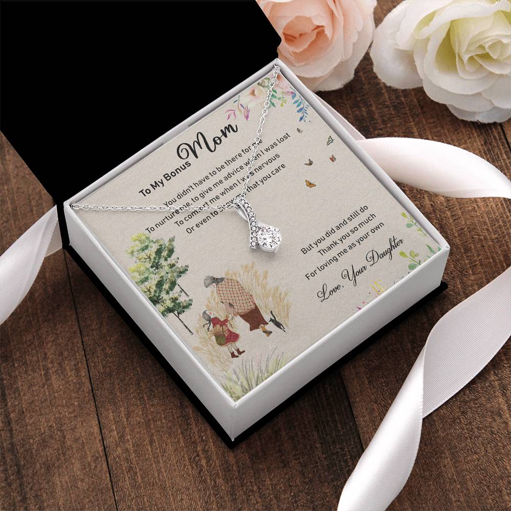 To My Bonus Mom Alluring Beauty Necklace Mother's Day Message Card Gift From Bonus Daughter Alluring Beauty Necklace