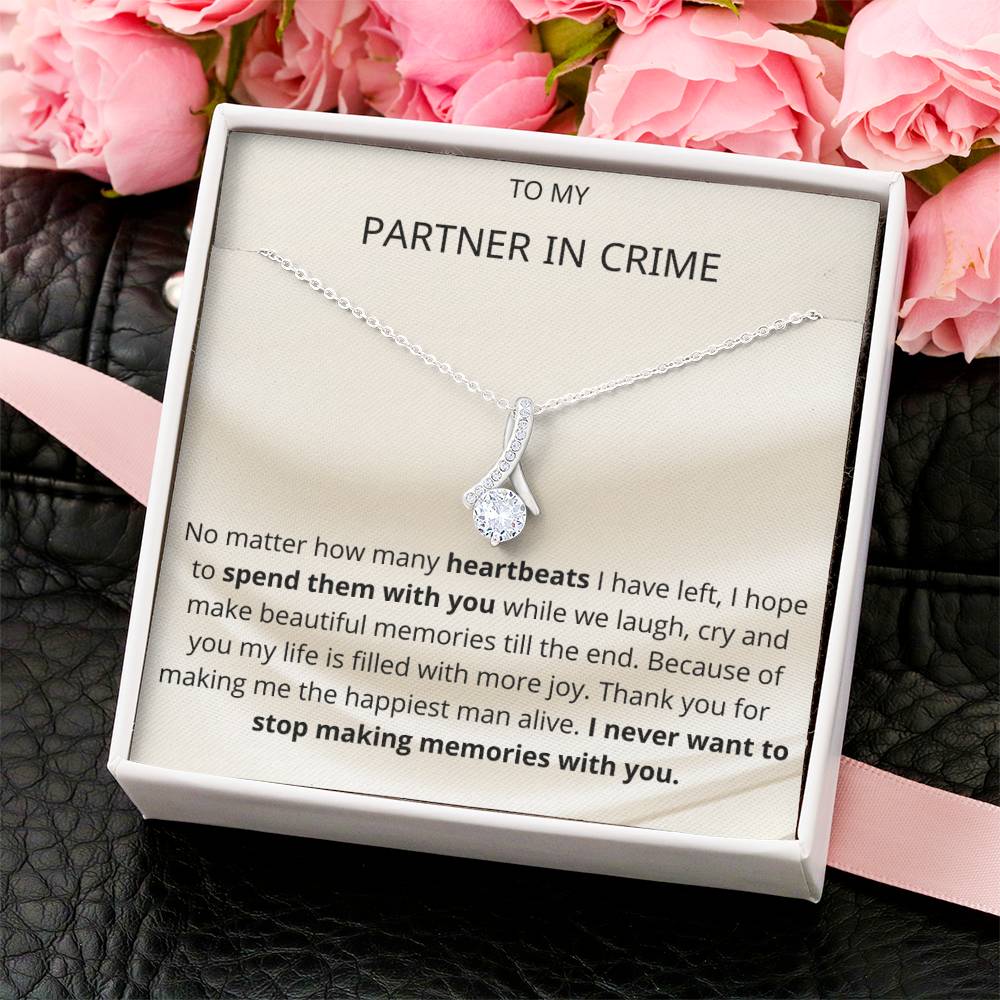 Ribbon Pendant 14K White Gold Plated Necklace - To My Partner In Crime Alluring Beauty Necklace