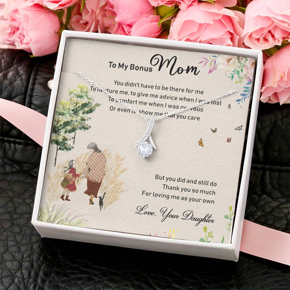 To My Bonus Mom Alluring Beauty Necklace Mother's Day Message Card Gift From Bonus Daughter Alluring Beauty Necklace