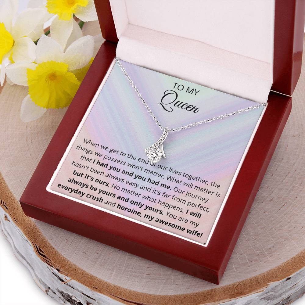Ribbon Pendant 14K White Gold Plated Necklace - To My Queen Alluring Beauty Necklace