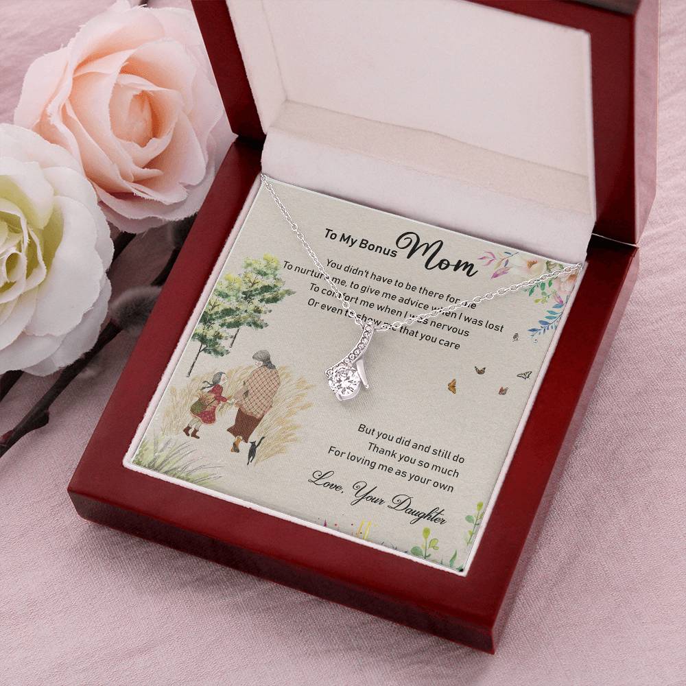 To My Bonus Mom Alluring Beauty Necklace Mother's Day Message Card Gift From Bonus Daughter Alluring Beauty Necklace