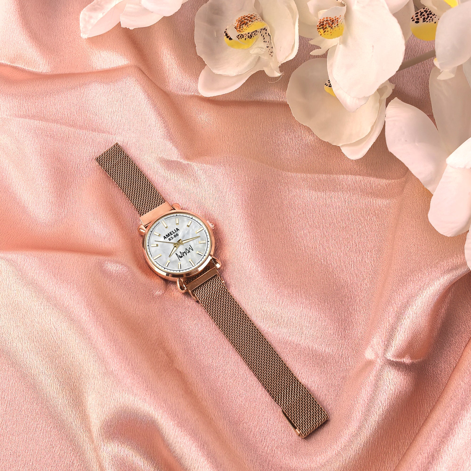 Custom Wrist Watches For Ladies - White Mother Of Pearl Dial - Rose Gold Watches For Ladies